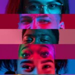 People's faces on a multi-color background